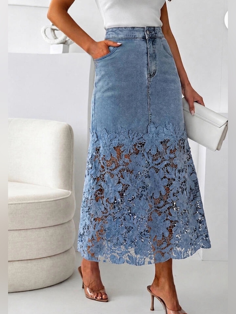 Lace Hem Denim Maxi Skirt - Blue